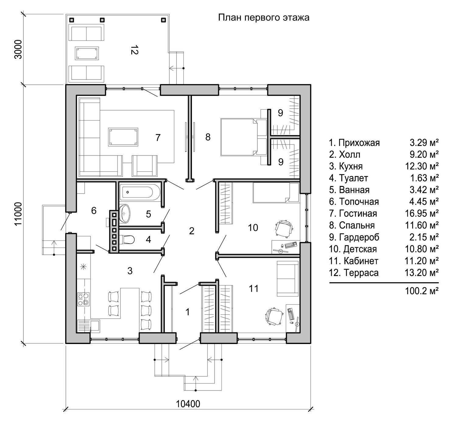 План первого этажа кирпичного дома 89,5 кв.м.