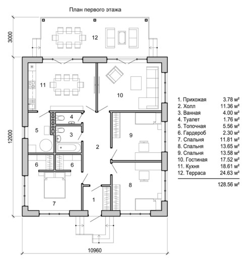 План первого этажа кирпичного дома 89,5 кв.м.
